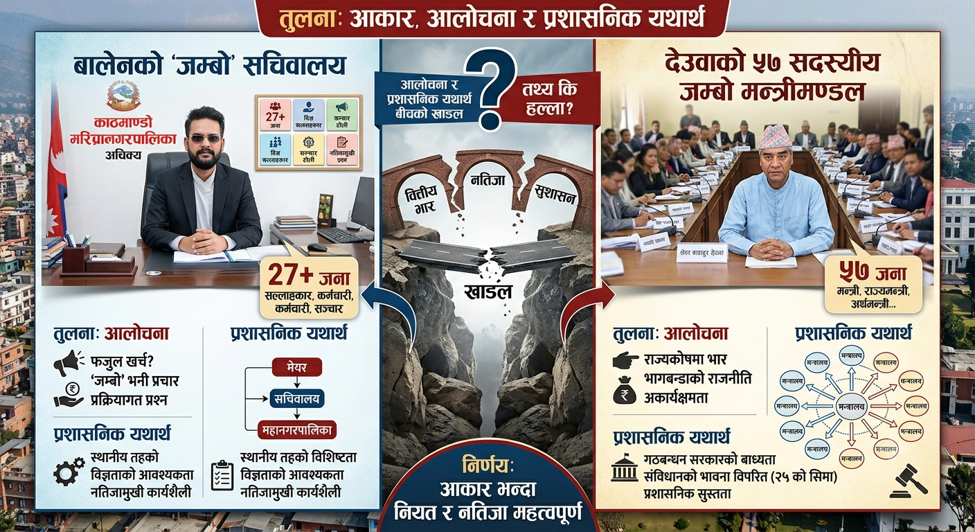 बालेनको ‘जम्बो’ सचिवालय र देउवाको ५७ सदस्यीय जम्बो मन्त्रीमण्डल बीचको तुलना, आलोचना र प्रशासनिक यथार्थ बीचको खाडल